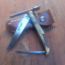 Ancien Couteau LAGUIOLE MAKI Manche en Corne avec Tire Bouchon Étui en cuir + Aiguiseur