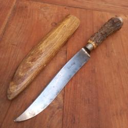 Ancien Grand Couteau Allemand SOLIGEN Manche en Bois de Cerf avec Fourreau en Bois