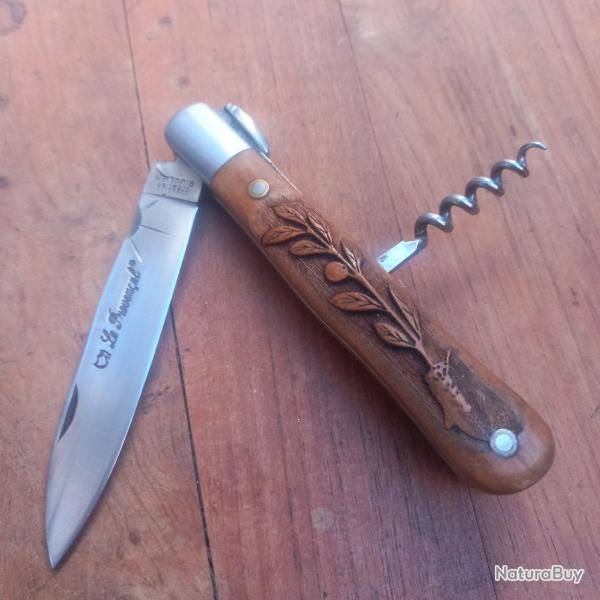 Magnifique Couteau LE PROVENAL CRATION G.JULIEN Manche en Olivier Sculpt avec Tire Bouchon
