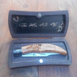 Joli Couteau Portuguais MARTINS PALACOULO INOX Manche en Olivier avec Écrin en Bois