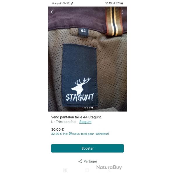 Vend pantalon chasse hiver Stagunt 44