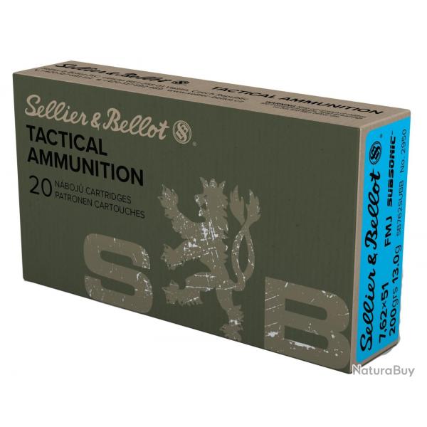 Cartouches Sellier & Bellot tactical - 308 win (7,62x51) SUBSONIC - FMJ - 200grs (13g) - Boite de 20