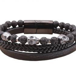 Bracelet Homme Cuir Noir Véritable - Pierre Naturelle de Lave + Breloque - Grade A - Stock France