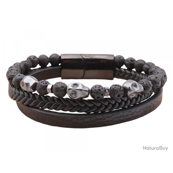 Bracelet Homme Cuir Noir Vritable - Pierre Naturelle de Lave + Breloque - Grade A - Stock France