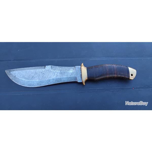Ancien couteau manche rondelle cuir Damas