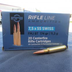 20 Cartouches en 7.5x55 suisse FMJ BT 174 gr/11.3g de chez PPU