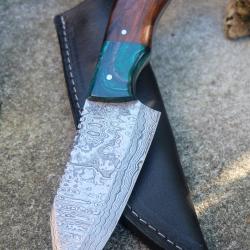 Couteau Skinner Découpe Damas Lame Acier 256 Couches Manche/Résine Bois Etui Cuir Fabr Artisanale