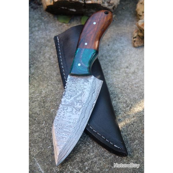 Couteau Skinner Dcoupe Damas Lame Acier 256 Couches Manche/Rsine Bois Etui Cuir Fabr Artisanale