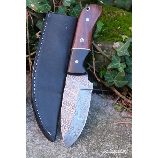 Bushcraft Couteau de Chasse Survie Lame Acier Damas 256 Couches Manche Bois Etui Cuir Fabr Artisan