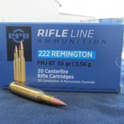 20 Cartouches en 222 Remington FMJ BT 55gr PPU Partizan