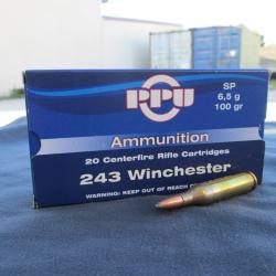 20 Cartouches en 243 WIN SP 6.5g/100 gr de PPU Partizan