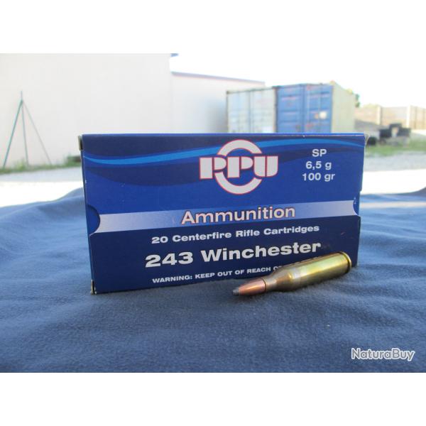 20 Cartouches en 243 WIN SP 6.5g/100 gr de PPU Partizan
