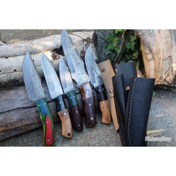 Lot de 5 Skinner Poignard Couteau Damas Lame 256 Couches Manche Bois Etui Cuir Fabric Artisanale