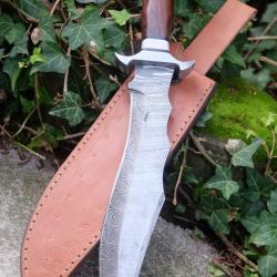 Poignard XXL Couteau Damas Lame 256 Couches Clip Point Recurve Manche Bois Fabr Artisanale Etui Cuir