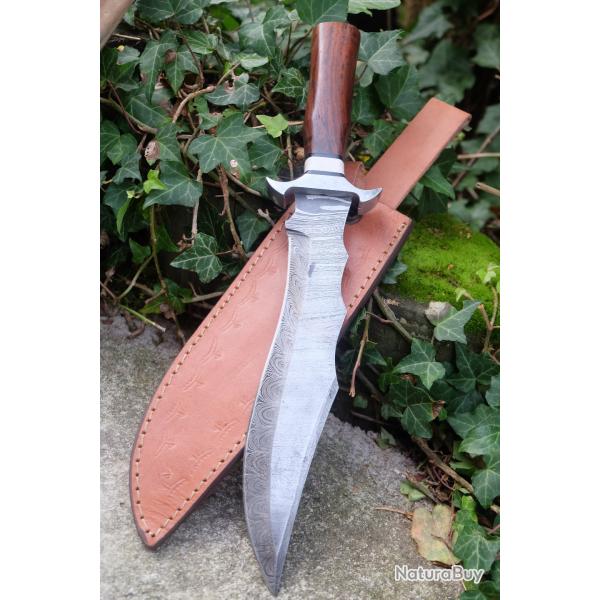 Poignard XXL Couteau Damas Lame 256 Couches Clip Point Recurve Manche Bois Fabr Artisanale Etui Cuir