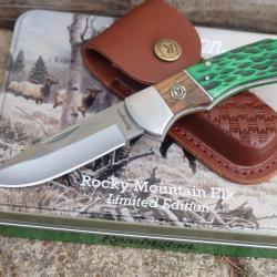 Couteau Remington Lockback Lame Acier 8Cr13MoV Manche Bois/Os Etui CUir Boite Métal Décor Cerf