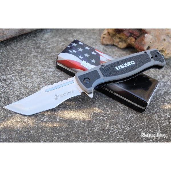 Couteau USMC Marines Lame Tanto A/O Acier 3Cr13 Satin Manche Nylon Noir/Gris Brise-Vitres Linerlock