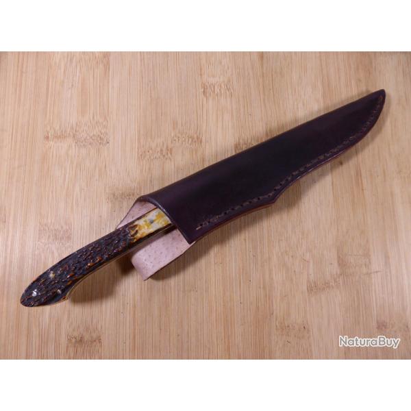Couteau chasse SAM COX USA avec tui cuir Bois Cervid Parfait Etat JAMAIS SERVI