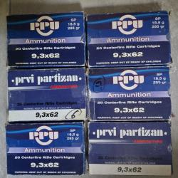 PPU 6 boites de 20 9,3x62 18,5gr 285grains + 20 diverses = 100 cartouches