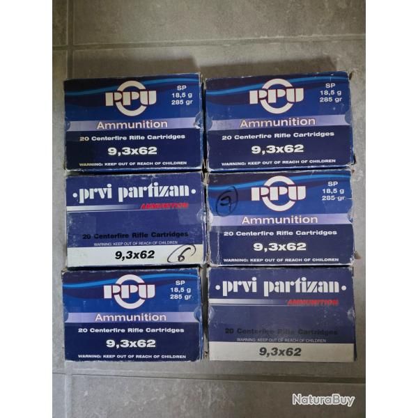 PPU 6 boites de 20 9,3x62 18,5gr 285grains + 20 diverses = 100 cartouches