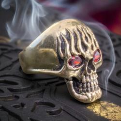 Bague Chevaliere tete de mort enflammee en Laiton T63-  harley biker davidson indian custom skull