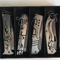 4 PETITS COUTEAUX PLIANTS DE POCHE LAME ACIER 6,5 CM MANCHE ACIER GRAVÉ 8 CM CANIF