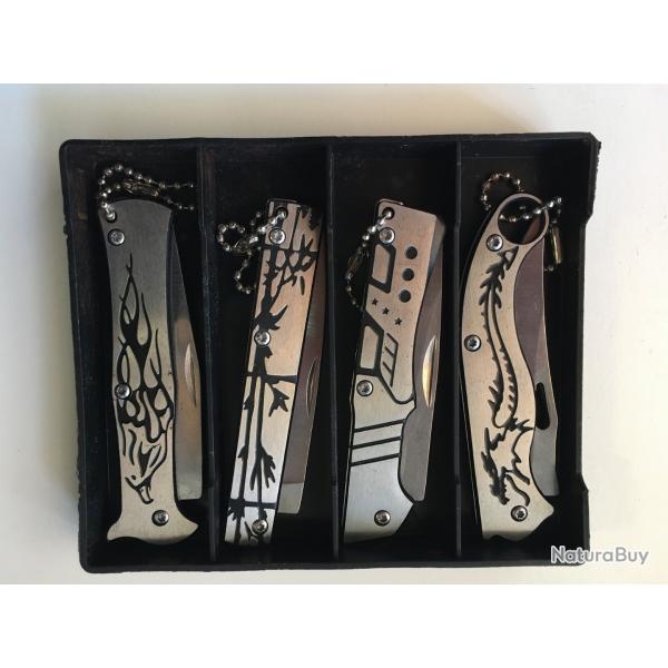 4 PETITS COUTEAUX PLIANTS DE POCHE LAME ACIER 6,5 CM MANCHE ACIER GRAV 8 CM CANIF