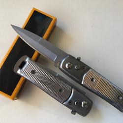 Petit Couteau Automatique Lame Acier Fine Droite 6,5 Cm Manche Alu 9 Cm Chasse Pêche Bivouac