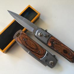 Petit Couteau Automatique Lame Acier Fine Droite 6,5 Cm Manche Bois 9 Cm Chasse Pêche Bivouac