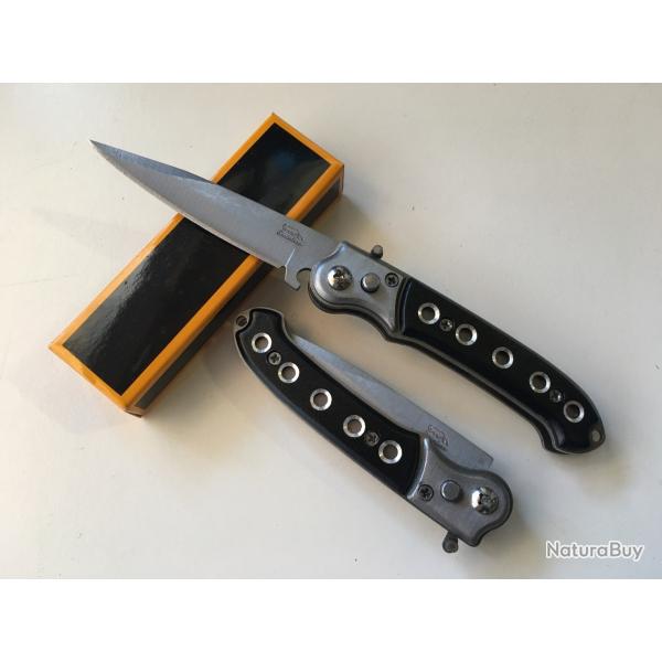 Petit Couteau Automatique Lame Acier Fine 8 Cm Manche En Acier / Trous 9,5 Cm Chasse Pêche Bivouac