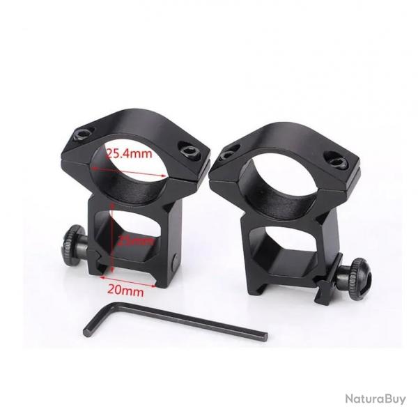 Lot de 2 colliers de montage hauts pour lunette de vise 25,4 mm - Picatinny