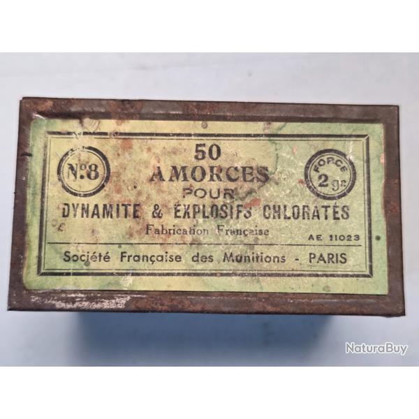 Une boite en fer vide pour amorces de dynamite No 8 /2Gr par SFM Paris belle Etiquette