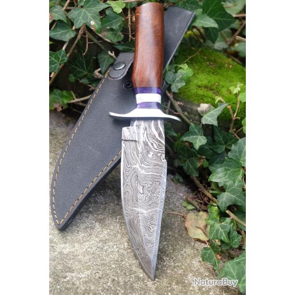 Couteau Bowie Lame Acier Damas 256 Couches Manche Bois Garde Nickel Etui Cuir Fabrication Artisanale