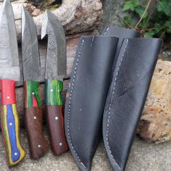 Lot de 3 Skinner Poignard Couteau Damas Lame 256 Couches Manche Bois Fabrication Artisanale