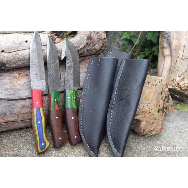 Lot de 3 Skinner Poignard Couteau Damas Lame 256 Couches Manche Bois Fabrication Artisanale
