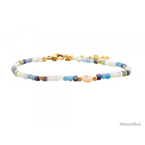 Bracelet Femme Perles d'Eau Douce, Lapis Lazuli, Apatite Bleue, Rubis Zoisite & Émeraude - Grade A