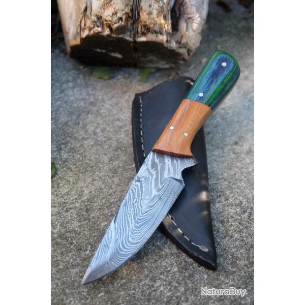 Couteau Skinner Damas Lame Trailing Point Acier 256 Couches Manche 2 Bois Etui Cuir Fabr Artisanale