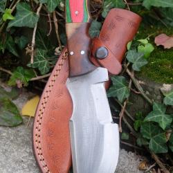 Couteau Bushcraft Trakker Survie Lame Acier Carbone 1055 Manche 2 Bois Etui Cuir Fabric Artisanale