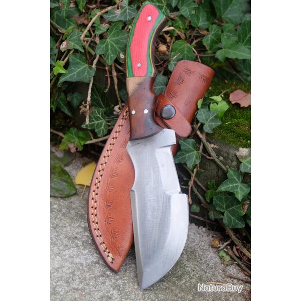 Couteau Bushcraft Trakker Survie Lame Acier Carbone 1055 Manche 2 Bois Etui Cuir Fabric Artisanale