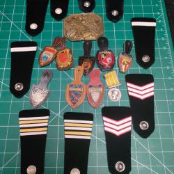 LOT SAPEURS POMPIERS, INSIGNES, EPAULETTES ET ANCIENNE PLAQUE DE GIBERNE