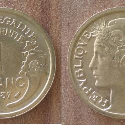 France 1 Franc 1937 Morlon Piece Tete de Laurier Francs