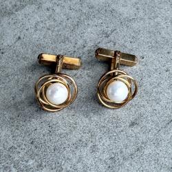 Boutons de manchette anciens en or rose massif 14 carats et perle