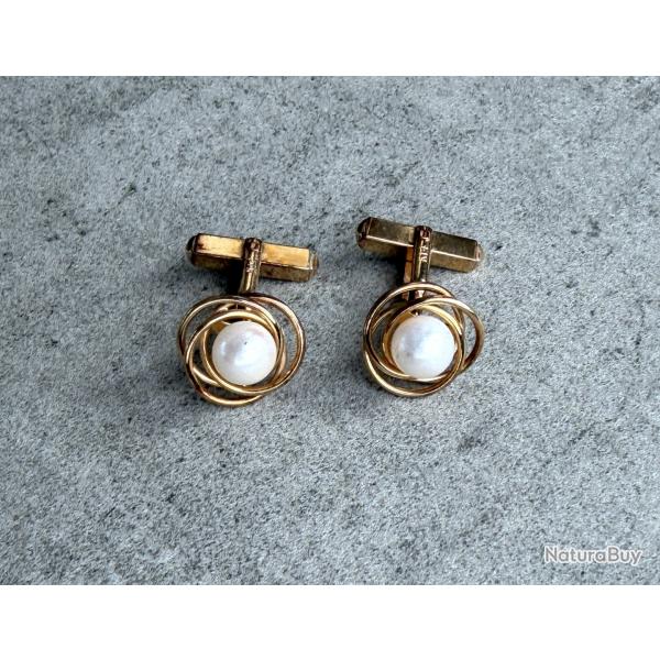 Boutons de manchette anciens en or rose massif 14 carats et perle