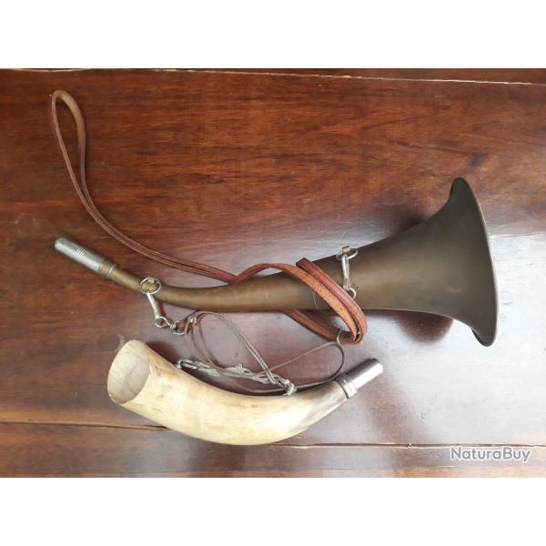 2 cornes d appel trompe chasse,foret, battues au sangliers,venerie, cynegetique