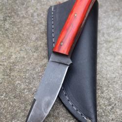 Stylet Couteau de Survie Lame Acier Carbone 1055 Manche Bois Etui Cuir Fabric Artisanale