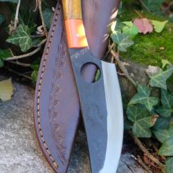 Couteau de Cuisine Style Japonais Lame Acier Carbone 1055 Manche Bois Etui Cuir Fabricat Artisanale