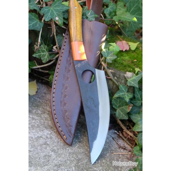 Couteau de Cuisine Style Japonais Lame Acier Carbone 1055 Manche Bois Etui Cuir Fabricat Artisanale
