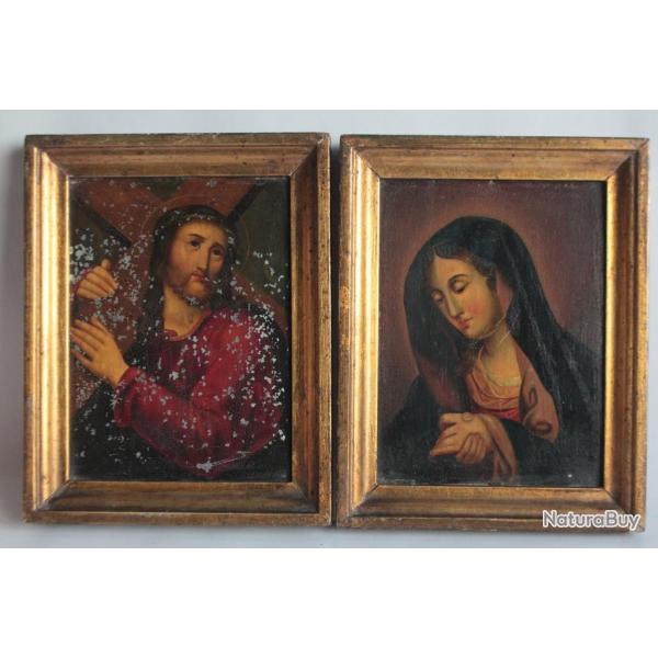 Peinture huile sur mtal Christ Vierge XIXe sicle