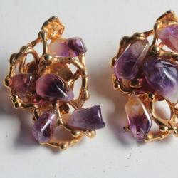 Clips d'oreilles améthystes design brutaliste