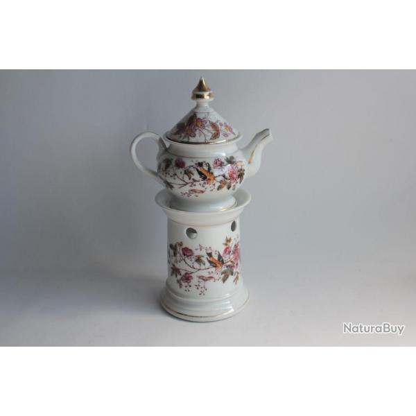 Tisanire porcelaine fleurs oiseaux XIXe sicle